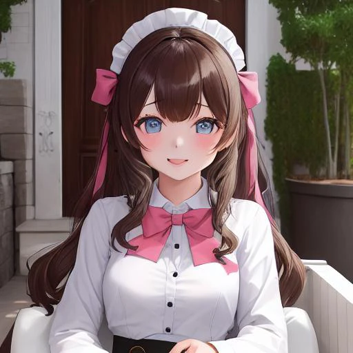 anime girl with long brown hair and pink bow sitting in a chair