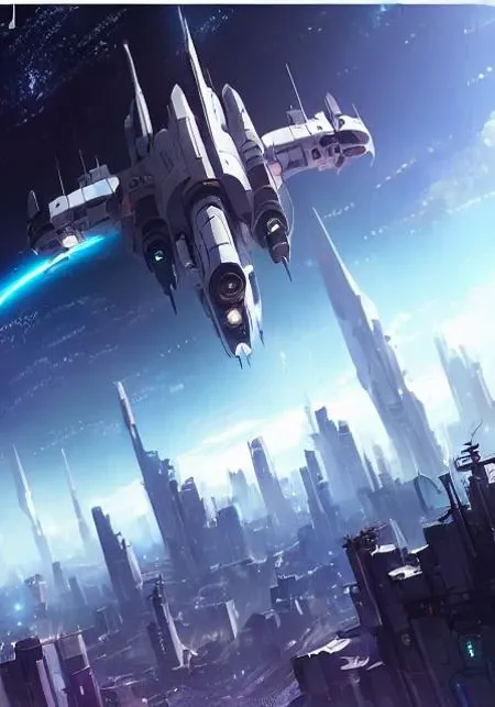 spaceship flying over a city with a blue light in the sky