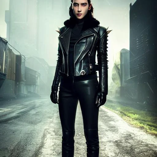 a woman in a black leather jacket and black pants standing on a street