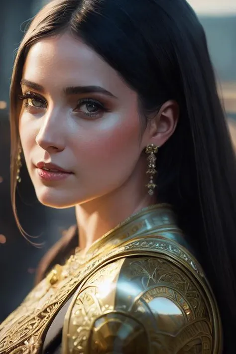 a woman with long black hair wearing a gold dress