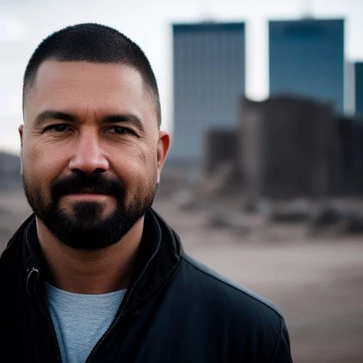 arafed man with a beard and a black jacket standing in front of a city