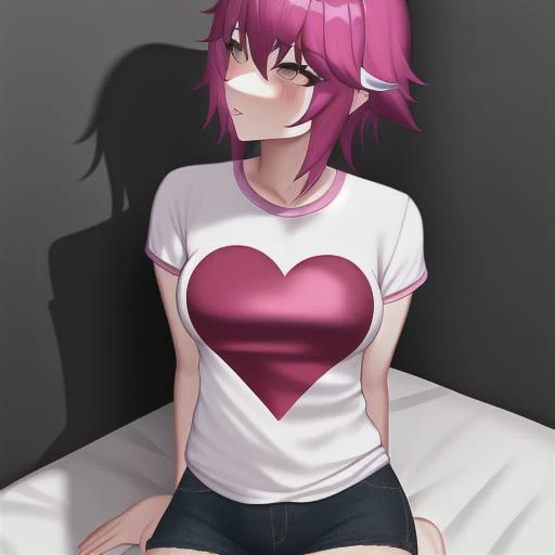 a close up of a person sitting on a bed with a heart on their shirt