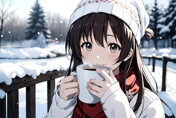 (RAW photo, best quality), 1girl,  natural lighting, gentle smile, 
 <lora:loveletter_mizuho_v1_2-000006:1>, loveletter_mizuho, 
winter, snowflake, drinking coffee, scarf, beanie hat,