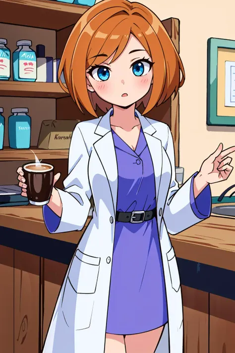 a woman in a lab coat holding a cup of coffee