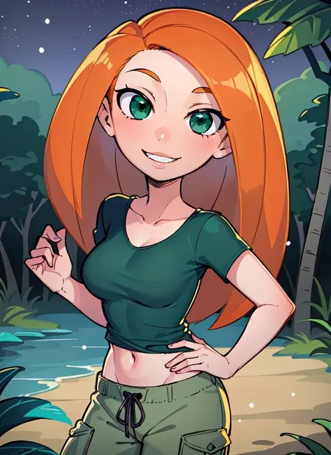 a cartoon girl with orange hair and green eyes standing in front of a lake