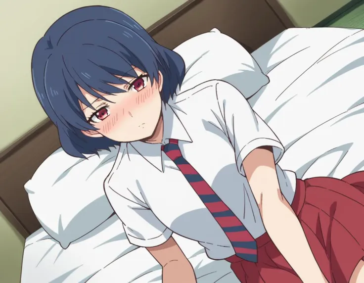 anime image of a woman in a short skirt and a tie laying on a bed