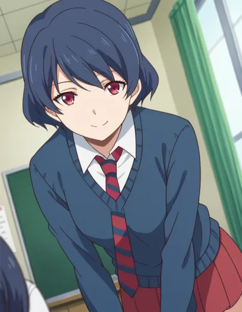 anime image of a woman in a school uniform standing in front of a classroom