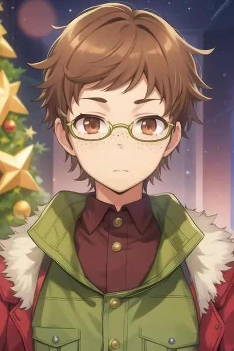 masterpiece, best quality, illustration, 1boy, solo, male focus, looking at viewer, , , <lora:hisamitsu_noto:0.72>, hisamitsu_noto, brown hair, brown eyes, glasses, freckles, christmas costume, science fiction detective, 32k resolution