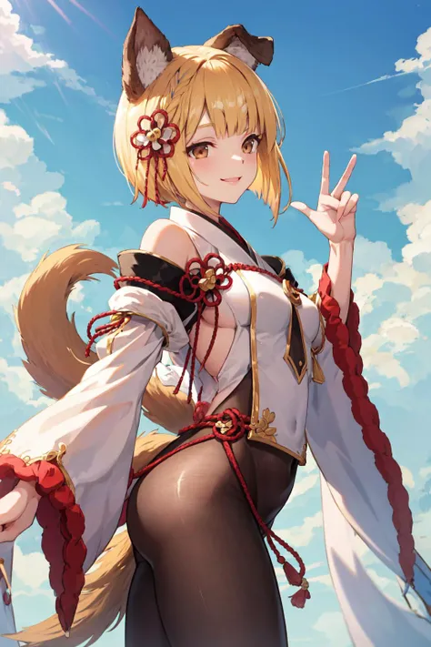 <lora:gbfVajra:0.8> vajradef, dog tail, black pantyhose, hair ornament, japanese clothes, bare shoulders, detached sleeves, wide sleeves, white pelvic curtain, outdoors, smile, from side