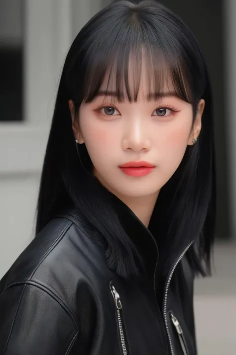 chaewon1 1girl, solo, (realistic), (hyperrealism), (best quality), (masterpiece), (ultra high res), (ultradetailed), (photorealistic), (upper body:1.2), bangs, looking at the viewer, black jacket, at the studio, light eye makeup, detailed eyes, detailed fa...