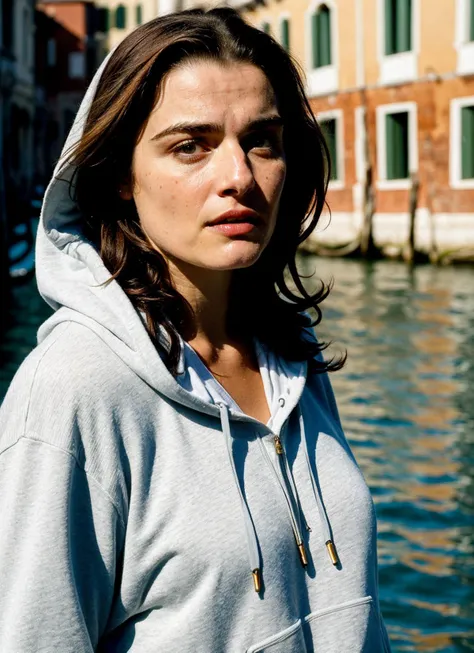 A stunning intricate full color portrait of (sks woman:1) in venice, at the river,, wearing Hoodie and sweatpants, epic character composition, sharp focus, natural lighting, subsurface scattering, f2, 35mm, film grain, , by Henri Cartier-Bresson, <lora:loc...