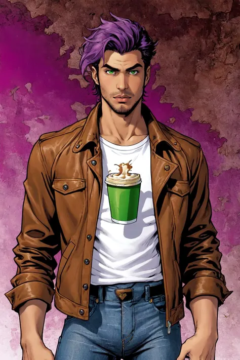 a man in a brown jacket holding a cup of coffee