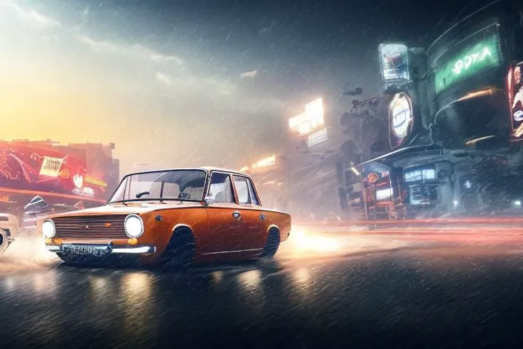 (STANCE), masterpiece,best quality,official art,extremely detailed CG unity 8k wallpaper,illustration, light,car, bright, sports car, vehicle focus, road, ((need for speed)),((NFS)), moving, wet, (((night, midnight))),neon lights,drift,  <lora:VAZ2101:0.8>...