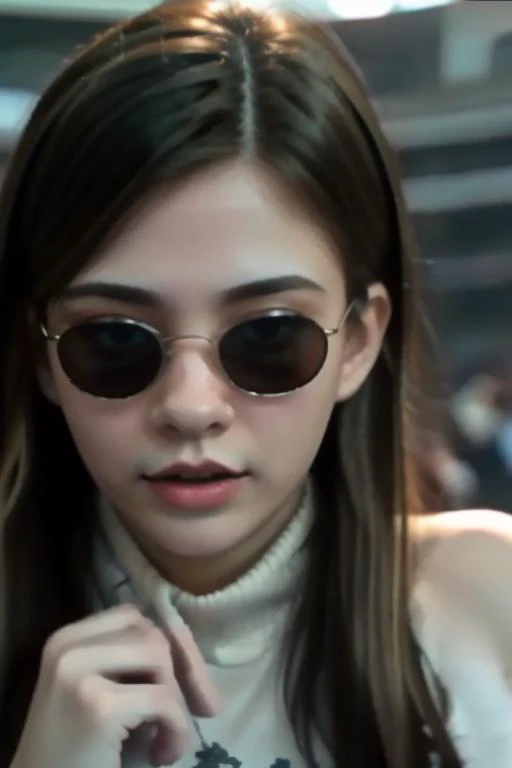 a close up of a woman wearing sunglasses and a white shirt