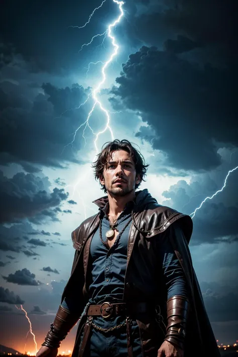 a man in a leather jacket standing in front of a lightning