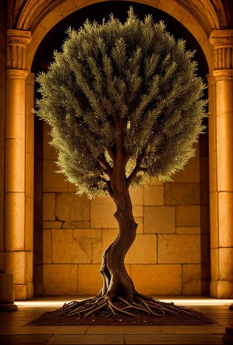 a close up of a tree in a building with a stone wall