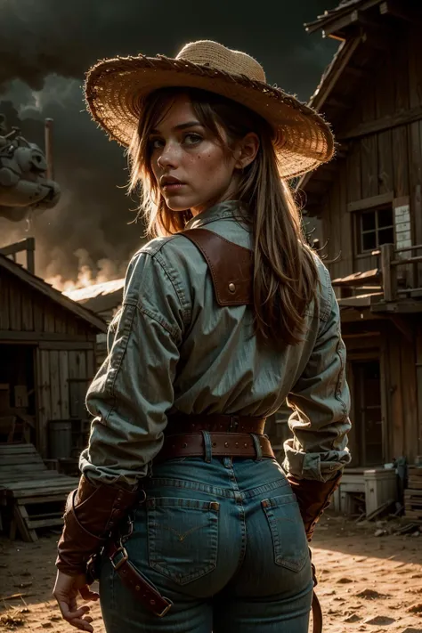 a woman in a cowboy outfit and hat standing in front of a building