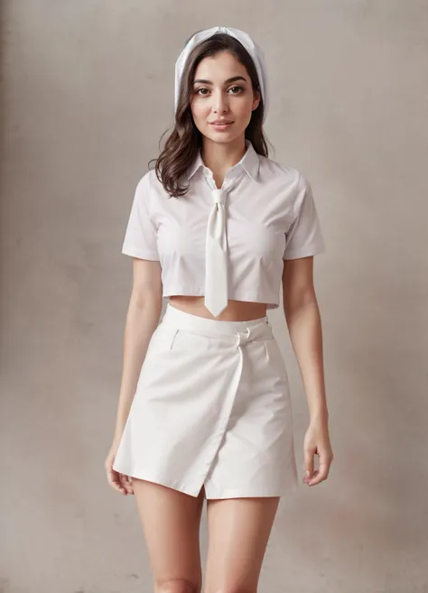 a woman in a mini skirt and shirt with a tie on her head and a skirt on her waist, standing in front of a circular background, a...