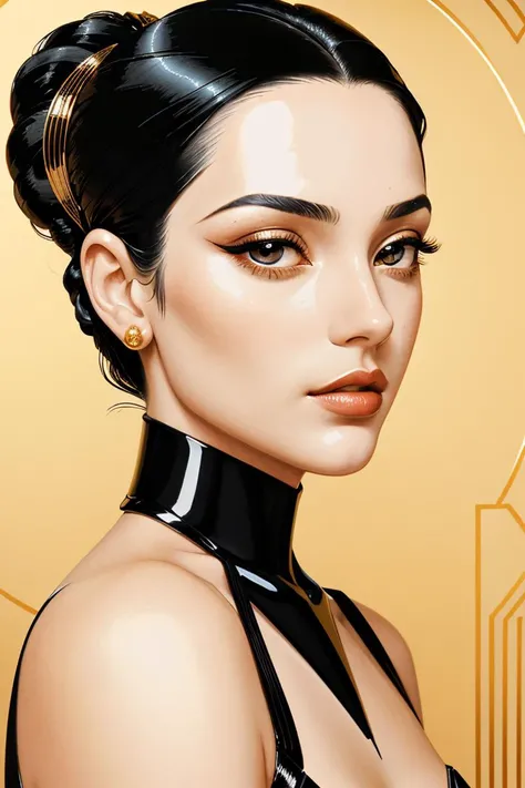 (art deco inspired painting of, decorative:1.2)  sfnr:1.4,  focus on eyes, risque, sexy and seductive, slicked back hair styled wind-swept hair, crystal clear, (black-lacquer linework:1.2), (dark teak tones:1.2), (glossy golden highlights:1.2), by Erte, Va...