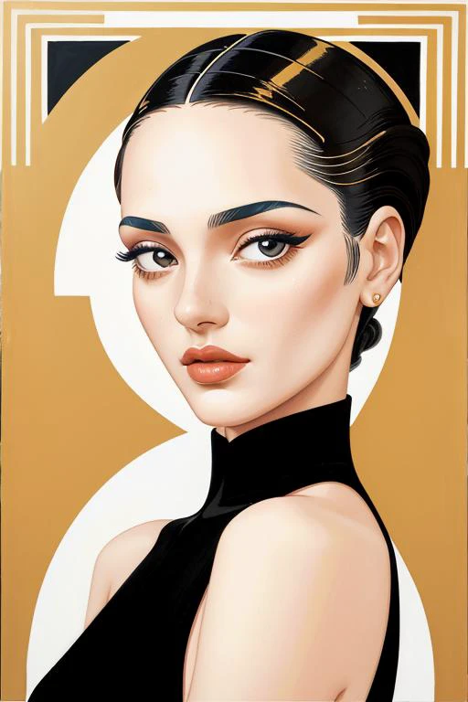 (art deco inspired painting of, decorative:1.2)  sfnr:1.4,  focus on eyes, risque, sexy and seductive, slicked back hair styled wind-swept hair, crystal clear, dark tones:1.2, glossy golden highlights:1.2, by Erte, Vargas, Helena Lam, Franois Batet