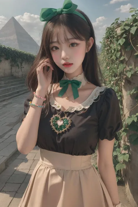 <lora:avata_cute:0.7:FACE>1girl, cutegirl, upper_body, Peter Pan collar blouse, Pastel mini skirt, Ballet flats, Ribbon headband, and heart-shaped pendant., Majestic ancient cityscape overrun by emerald vines, with pyramids that touch the stars