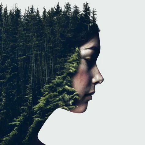 dblxp close-up profile of a woman made out of a forest, white background