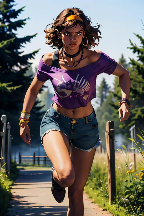 Thalita, brown eyes, curly brown hair,hairband, choker, hoop earrings, necklace, bracelets, purple shirt, off shoulder, midriff, short shorts, looking serious, dynamic shot, running, outside, forest, fog, dark, high quality, masterpiece, <lora:ThalitaLyra:...