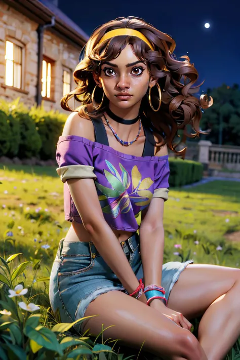 Thalita, brown eyes, curly brown hair,hairband, choker, hoop earrings, necklace, bracelets, purple shirt, off shoulder, midriff, short shorts, looking at viewer, serious, worried, sitting, outside, on grass, field, house, night time, high quality, masterpi...