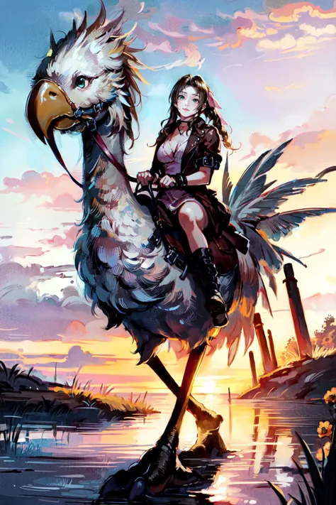 <lora:chocobo-nvwls-v1:1>,
<lora:FF7Aerith:0.78>, ((ff7aerith, pink ribbon, cleavage, brown boots, jewelry, green eyes, brown hairs, braided ponytail, pink dress, red jacket, sidelocks, choker, ((riding chocobo, chocobo, chocobo running)),)):1.15, (warm sm...