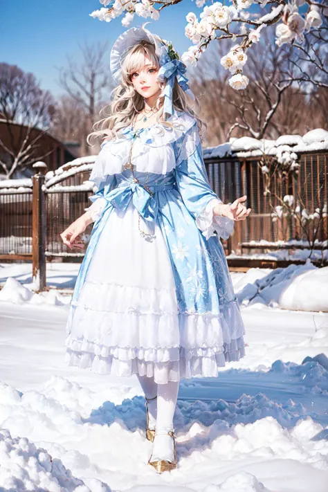 <lora:whdbd:0.78>, (whdbd,white dress,jewelry,necklace,bonnet,long sleeves,bow,lace trim,lace,frills,pantyhose, very long bow ha...