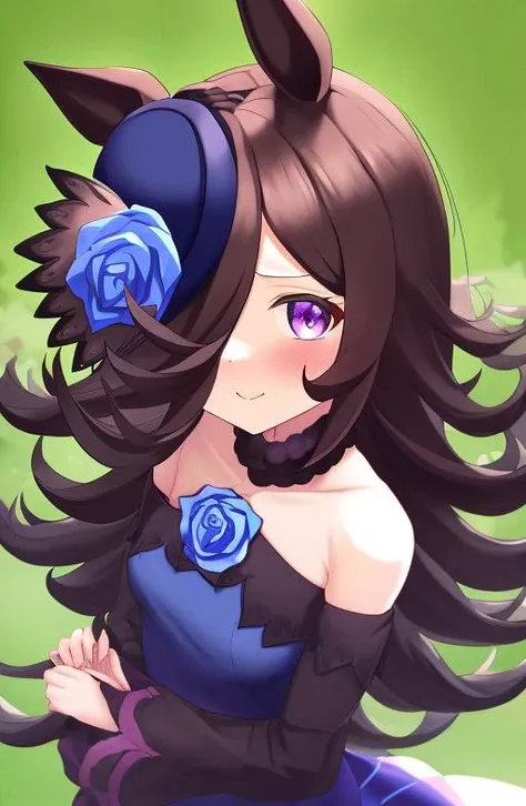 <lora:RiceShower:0.80>, (rice shower (umamusume)),looking at viewer, dark blue dress, bare shoulders, long sleeves, blue rose,