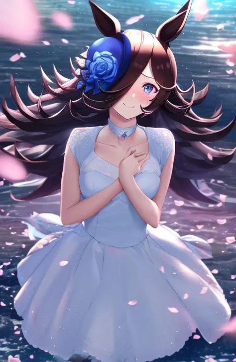 <lora:RiceShower:0.8>, (rice shower (umamusume)),(falling petals),(wedding_dress),(wind),cinematic lighting,in spring,detailed beautiful water,walking,hand on own chest,light blush,tachi-e,looking at viewer,{happy}