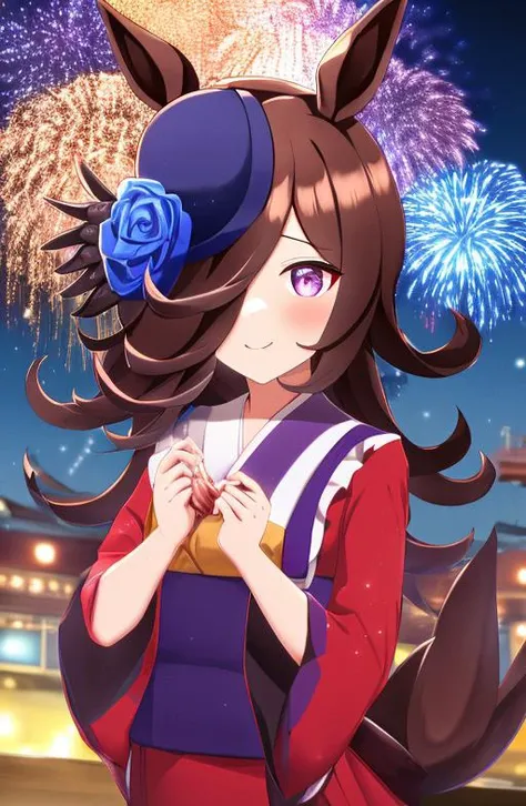 <lora:RiceShower:0.80>, (rice shower (umamusume)),looking at viewer, red kimono,  fireworks,