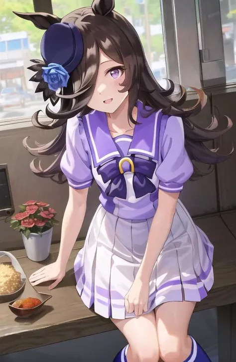 <lora:RiceShower_v21:0.8>,RiceShower,(rice shower (umamusume)),(masterpiece),illustration,brown hair,long hair,purple eyes,swept bangs,long bangs,long hair,small breast,hair covers right eye, smile,looking at viewer,school uniform, street,shopping district...