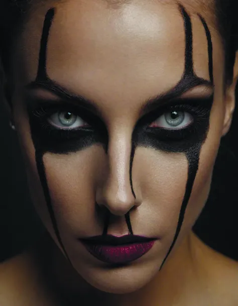 a close up of a woman with black makeup and a spider face paint