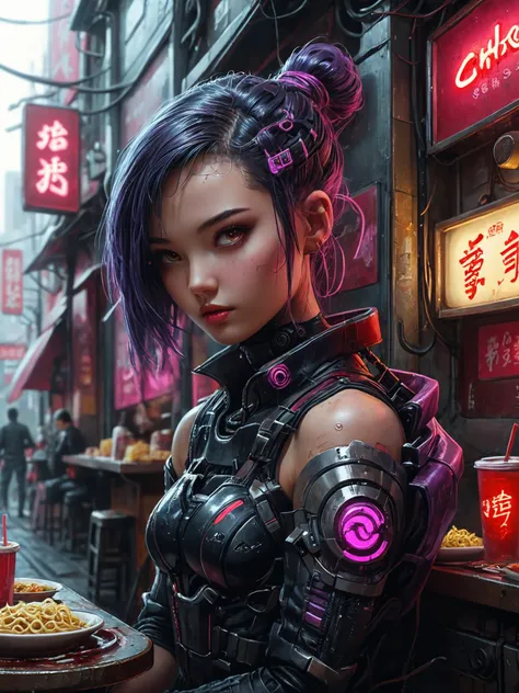 cyber girl with purple hair and a plate of food in a street