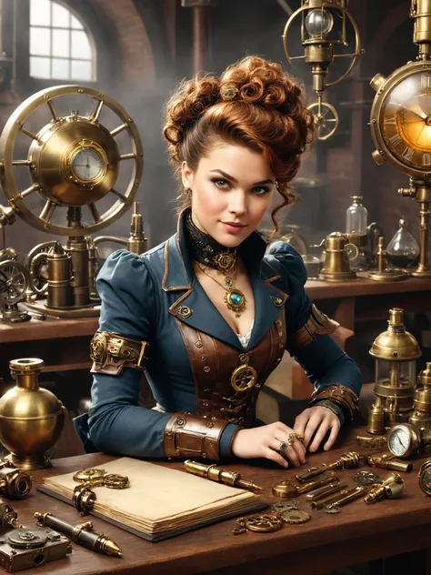 a close up of a woman in a steampunk outfit sitting at a table