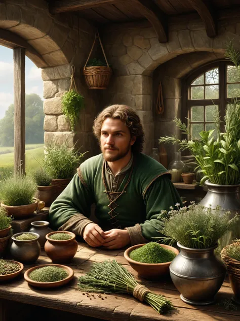 arafed man sitting at a table with pots of herbs