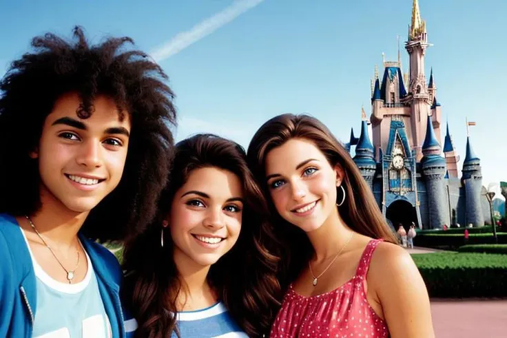 there are three girls that are posing for a picture in front of a castle