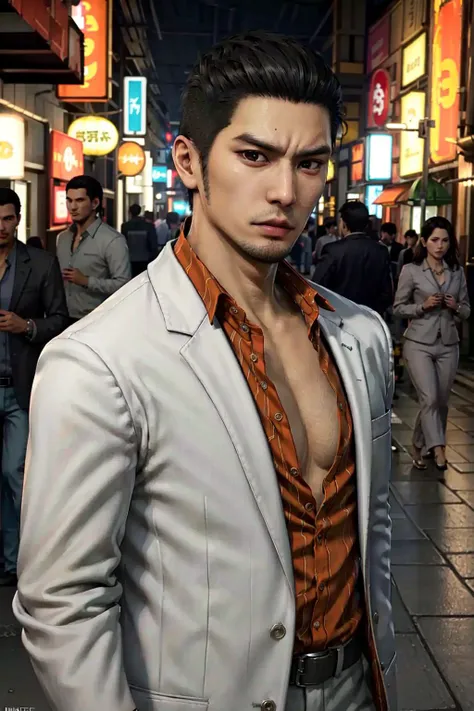 (as-young:1.3), 1boy, solo, kazuma kiryu, ryu ga gotoku, yakuza, young, 20yo, (black hair, brown eyes) (buzz cut:1.45), thick ey...