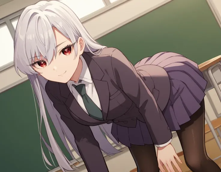 anime girl in school uniform leaning over desk with blackboard