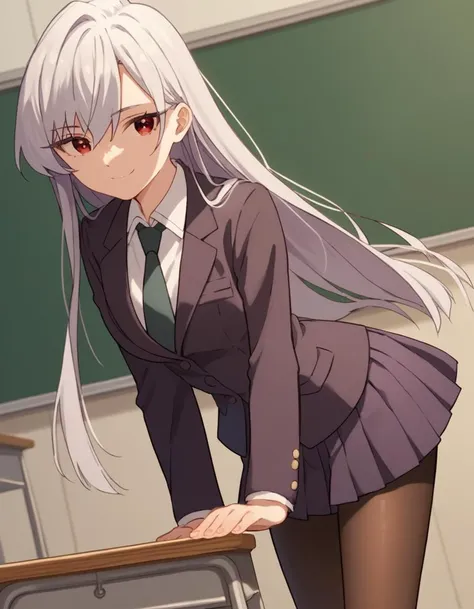 anime girl in school uniform leaning on a desk in front of a chalkboard