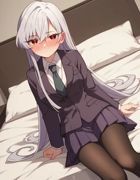 anime - style image of a woman in a suit and tie sitting on a bed