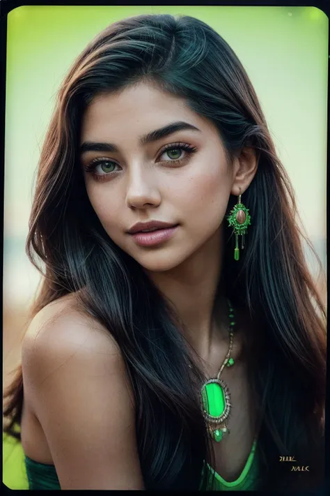 photo of (m4jastr0jek-140:0.99), a woman, perfect hair, posing, (vintage photo, sailor), (closeup portrait), necklace, 24mm, (tintype), (analog, cinematic, film grain:1.3), ((plaing Fluorescent Green background, gradient)), ((detailed eyes)), smiling, (epi...