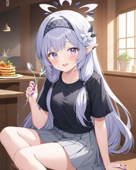 anime girl with long white hair sitting on a kitchen counter