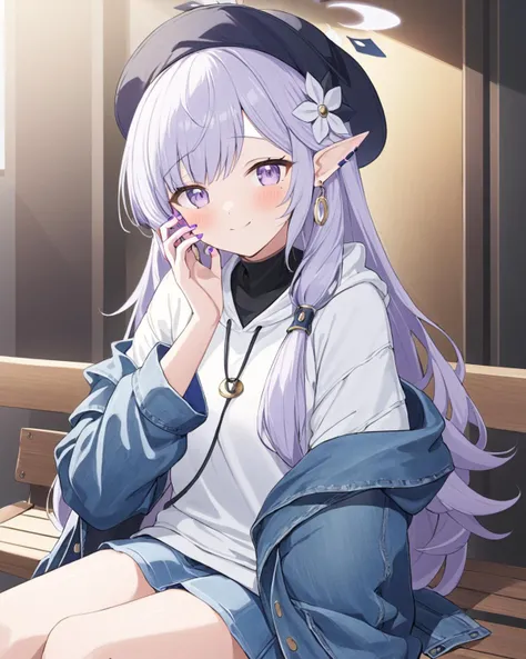 anime girl sitting on a bench talking on a cell phone