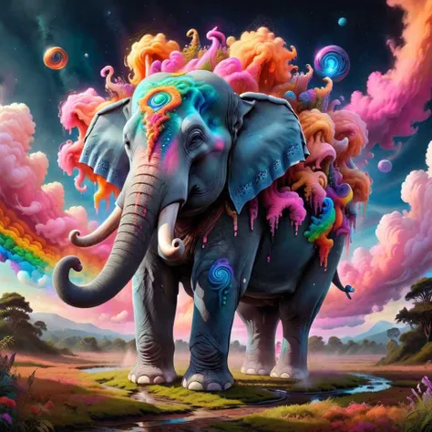 painting of an elephant with a rainbow colored hair and a rainbow cloud