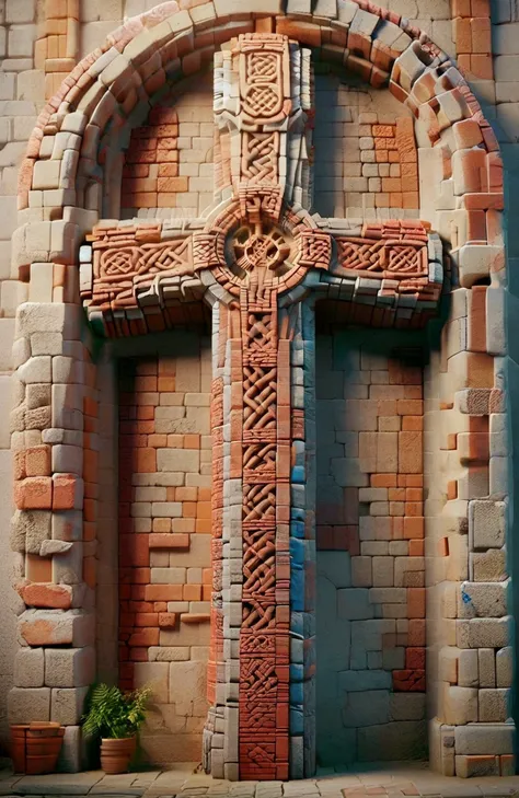 there is a cross on the wall of a building with a potted plant