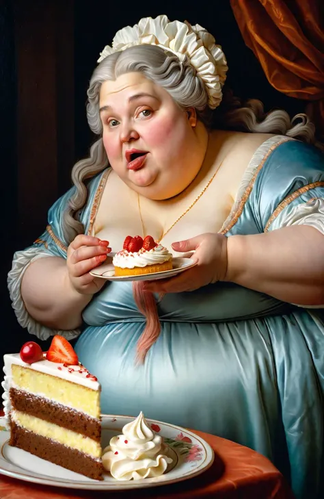 araffe woman in blue dress holding a plate of cake and a piece of cake