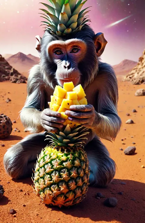 arafed monkey sitting on the ground eating a pineapple